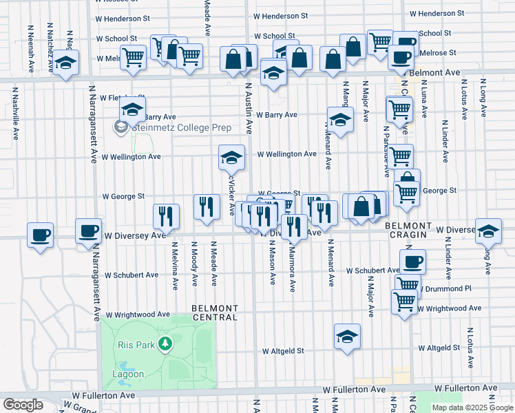 map of restaurants, bars, coffee shops, grocery stores, and more near 2843 North Austin Avenue in Chicago
