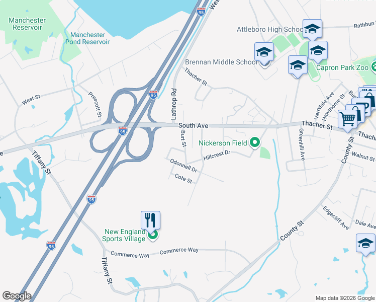 map of restaurants, bars, coffee shops, grocery stores, and more near 22 Burt Street in Attleboro