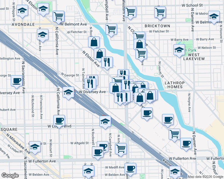 map of restaurants, bars, coffee shops, grocery stores, and more near 2450 West Diversey Avenue in Chicago