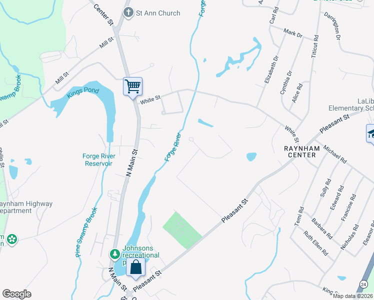 map of restaurants, bars, coffee shops, grocery stores, and more near in Raynham