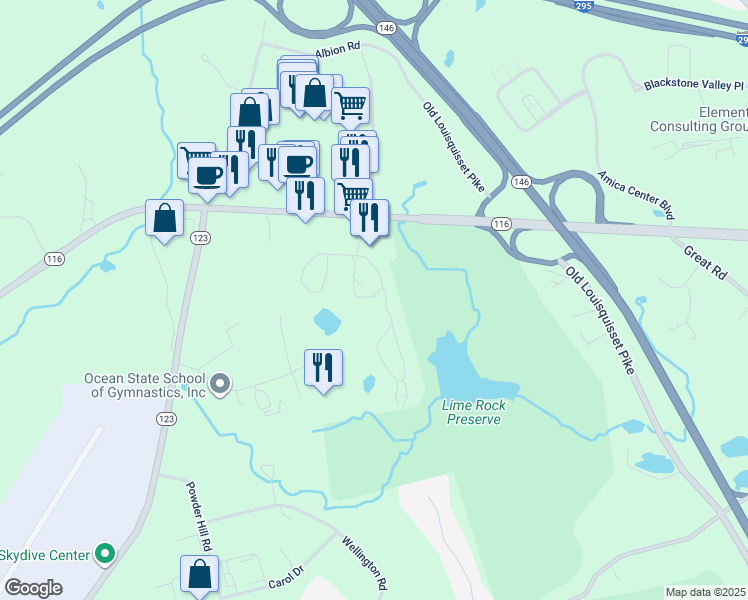 map of restaurants, bars, coffee shops, grocery stores, and more near 7 Wake Robin Road in Lincoln