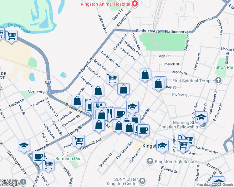 map of restaurants, bars, coffee shops, grocery stores, and more near 173 Smith Avenue in Kingston