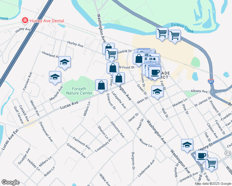 map of restaurants, bars, coffee shops, grocery stores, and more near 62 Lafayette Avenue in Kingston