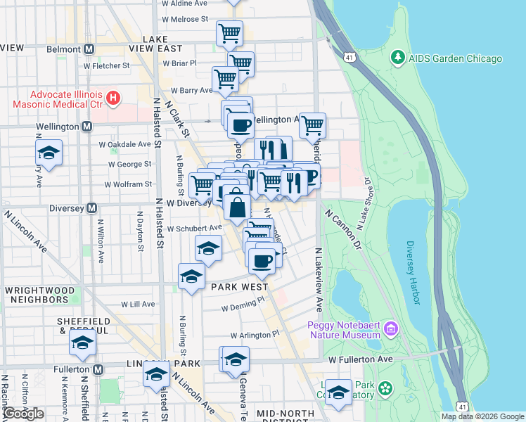 map of restaurants, bars, coffee shops, grocery stores, and more near 521 West Diversey Parkway in Chicago