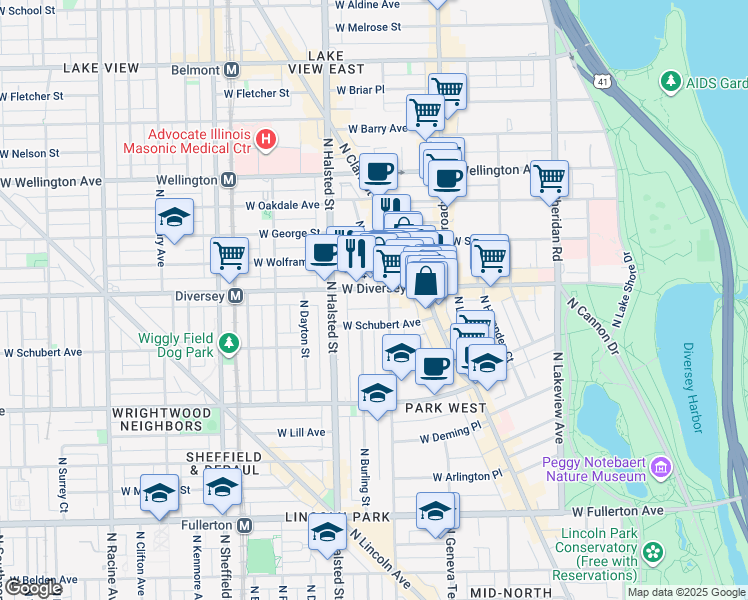 map of restaurants, bars, coffee shops, grocery stores, and more near 671 West Diversey Parkway in Chicago