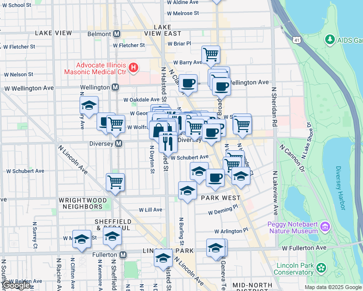 map of restaurants, bars, coffee shops, grocery stores, and more near 735 West Diversey Parkway in Chicago