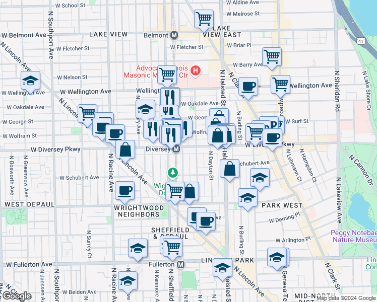 map of restaurants, bars, coffee shops, grocery stores, and more near in Chicago