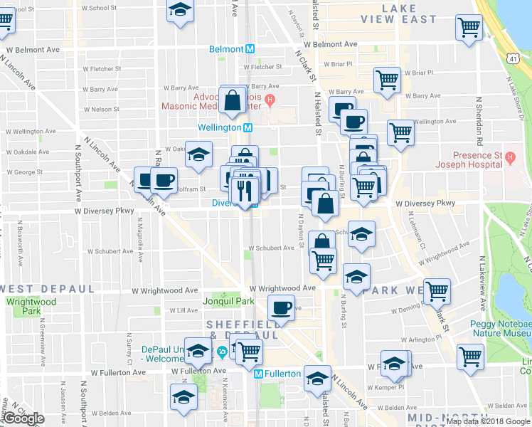 map of restaurants, bars, coffee shops, grocery stores, and more near in Chicago