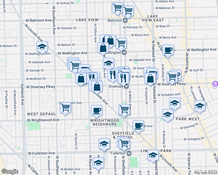 map of restaurants, bars, coffee shops, grocery stores, and more near 1055 West Diversey Parkway in Chicago