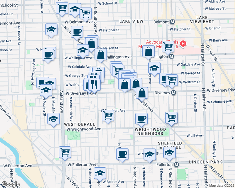 map of restaurants, bars, coffee shops, grocery stores, and more near 1305 West Diversey Parkway in Chicago