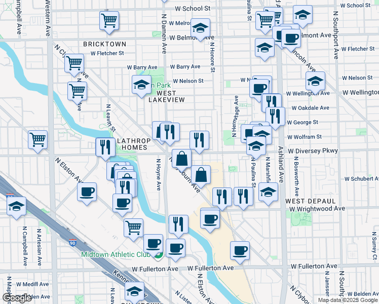 map of restaurants, bars, coffee shops, grocery stores, and more near 1930 West Diversey Parkway in Chicago