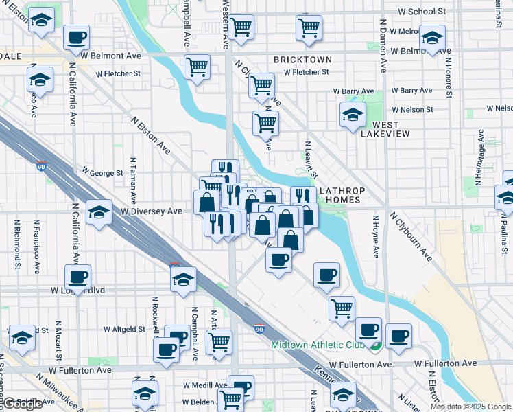 map of restaurants, bars, coffee shops, grocery stores, and more near 2336 West Diversey Avenue in Chicago