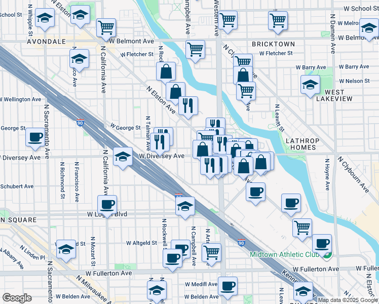 map of restaurants, bars, coffee shops, grocery stores, and more near 2450 West Diversey Avenue in Chicago
