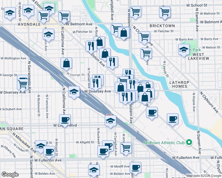 map of restaurants, bars, coffee shops, grocery stores, and more near 2522 West Diversey Avenue in Chicago