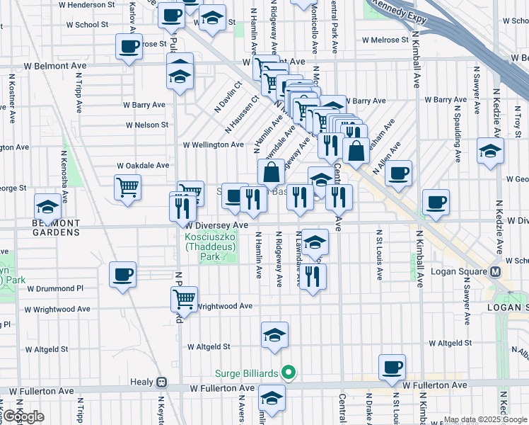map of restaurants, bars, coffee shops, grocery stores, and more near 2823 North Hamlin Avenue in Chicago