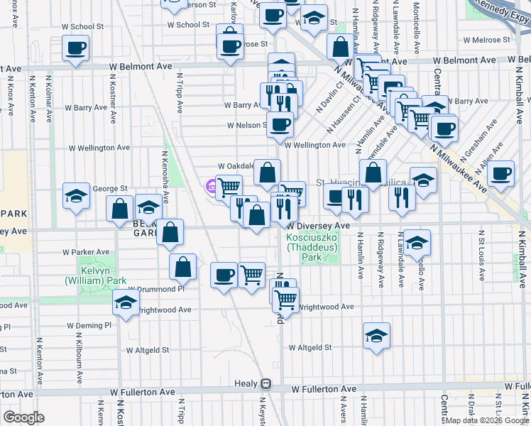 map of restaurants, bars, coffee shops, grocery stores, and more near 4000 West Diversey Avenue in Chicago
