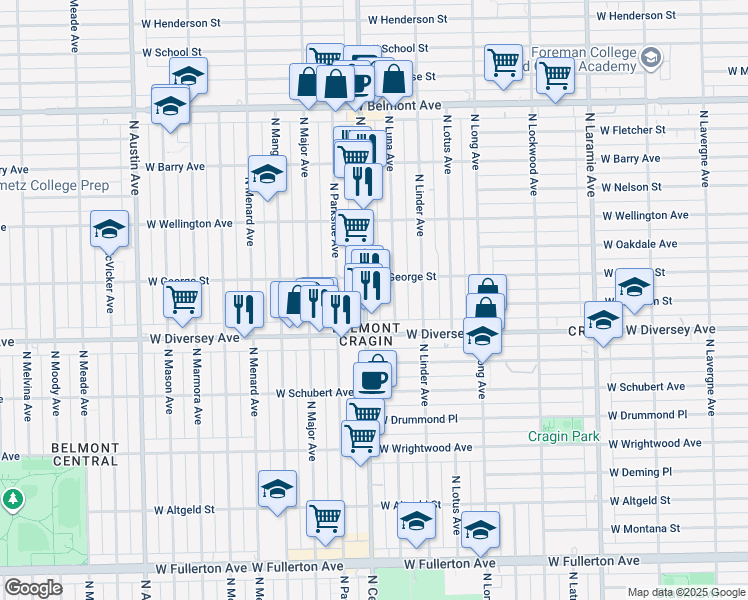 map of restaurants, bars, coffee shops, grocery stores, and more near 2840 North Central Avenue in Chicago