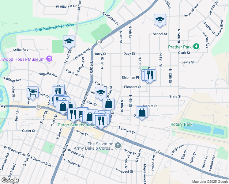 map of restaurants, bars, coffee shops, grocery stores, and more near 612 Fisk Avenue in DeKalb