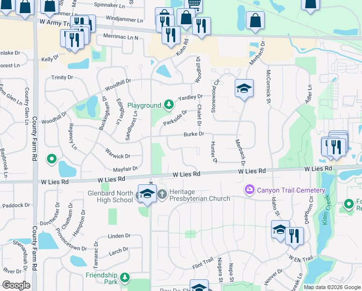 map of restaurants, bars, coffee shops, grocery stores, and more near 533 Canterbury Drive in Carol Stream