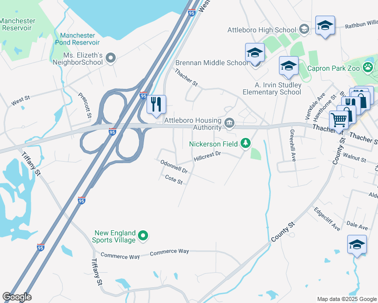 map of restaurants, bars, coffee shops, grocery stores, and more near 117 Patterson Street in Attleboro