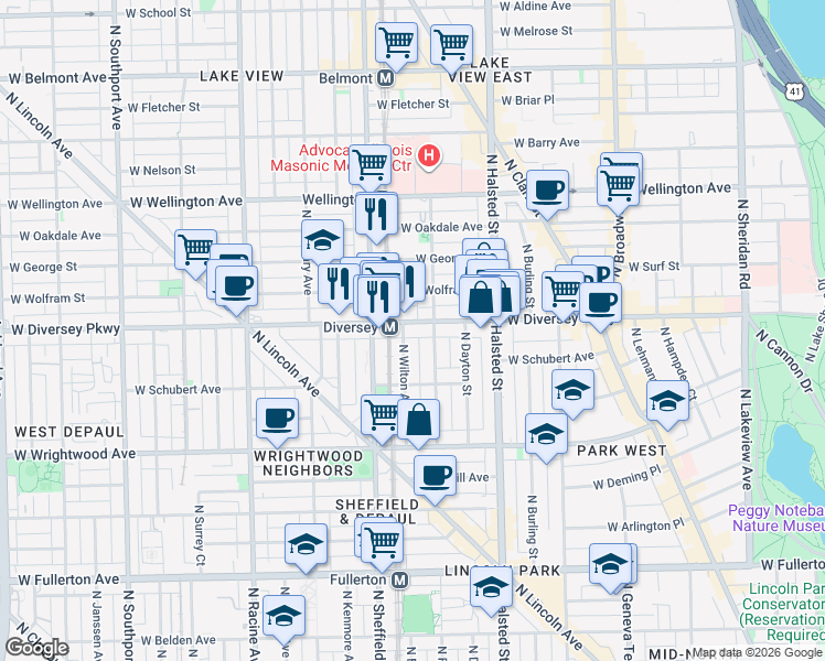 map of restaurants, bars, coffee shops, grocery stores, and more near 921 West Diversey Parkway in Chicago