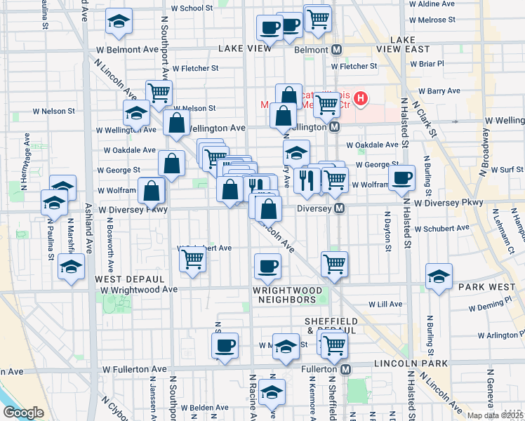 map of restaurants, bars, coffee shops, grocery stores, and more near 2815 North Lincoln Avenue in Chicago