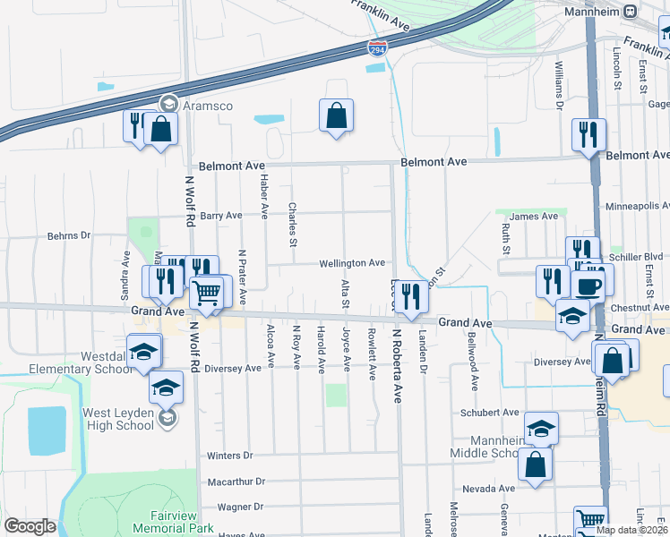 map of restaurants, bars, coffee shops, grocery stores, and more near 2956 Alta Street in Melrose Park