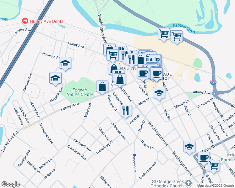 map of restaurants, bars, coffee shops, grocery stores, and more near 62 Lafayette Avenue in Kingston
