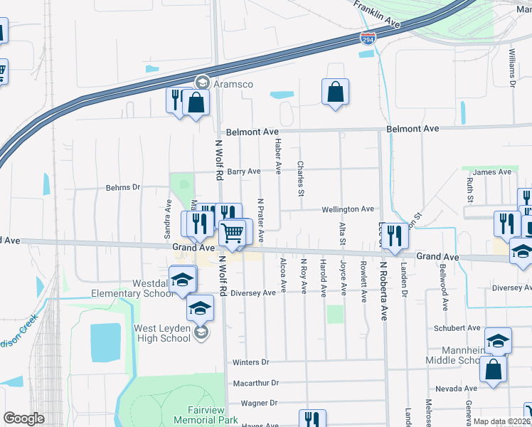 map of restaurants, bars, coffee shops, grocery stores, and more near 2951 North Prater Avenue in Melrose Park