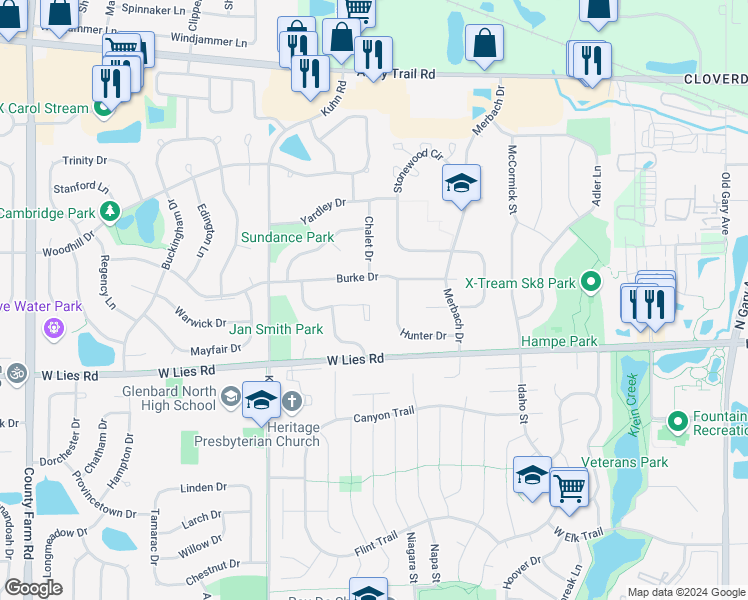 map of restaurants, bars, coffee shops, grocery stores, and more near 481 Canterbury Drive in Carol Stream