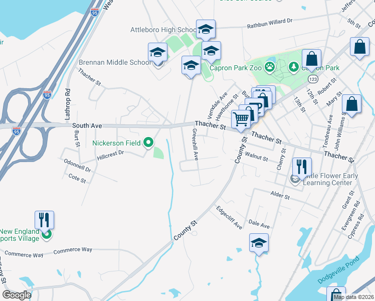 map of restaurants, bars, coffee shops, grocery stores, and more near 38 Black Oak Drive in Attleboro