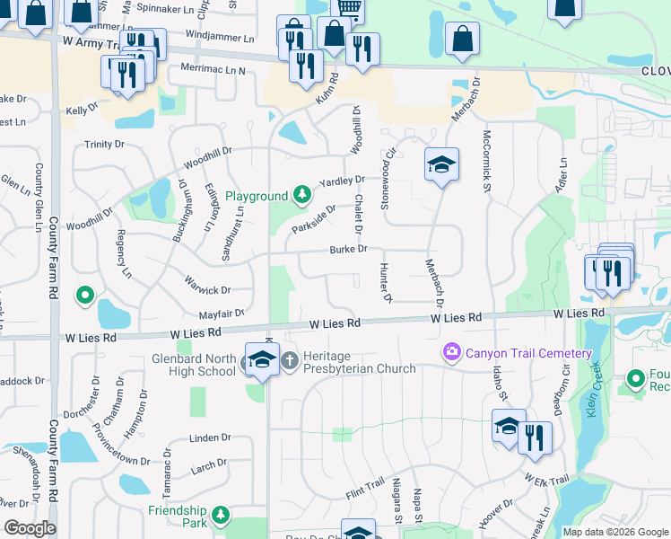 map of restaurants, bars, coffee shops, grocery stores, and more near 521 Canterbury Drive in Carol Stream