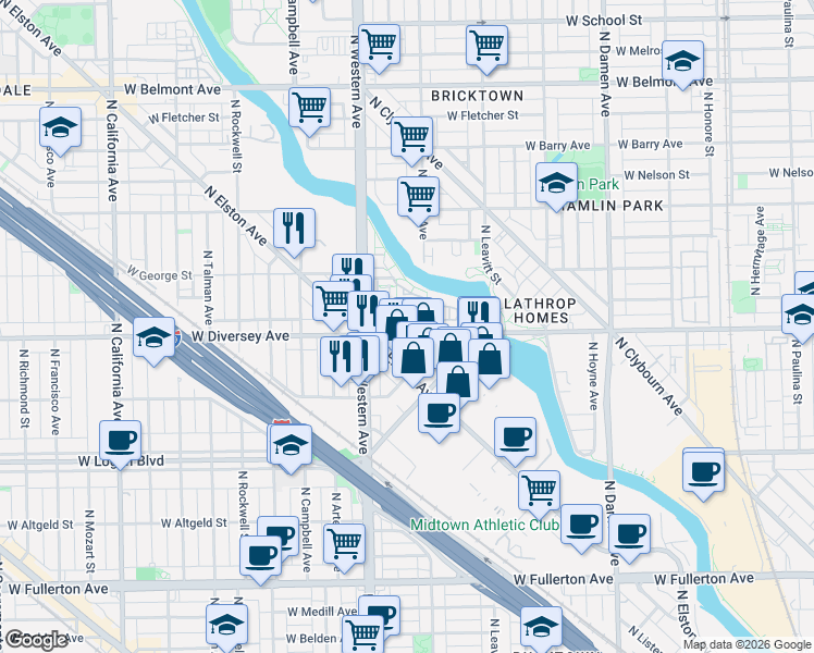 map of restaurants, bars, coffee shops, grocery stores, and more near 2804 North Oakley Avenue in Chicago