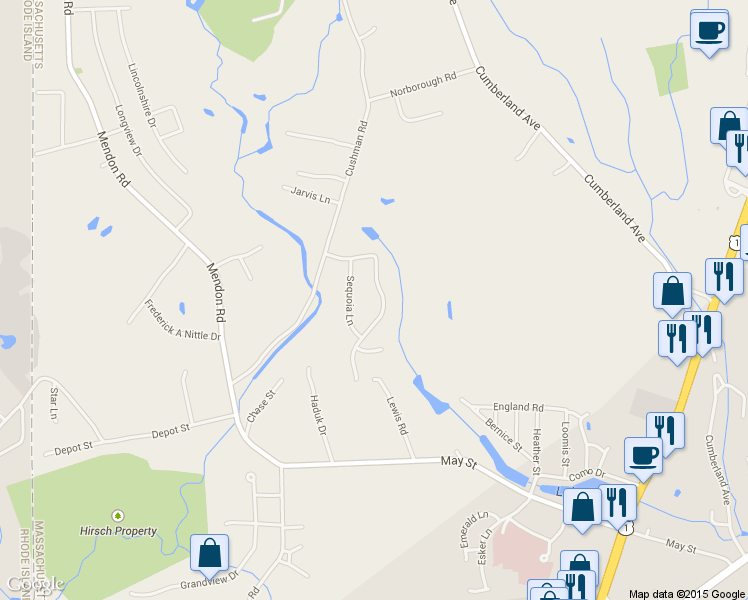 map of restaurants, bars, coffee shops, grocery stores, and more near 61 Highland Meadow Drive in North Attleborough