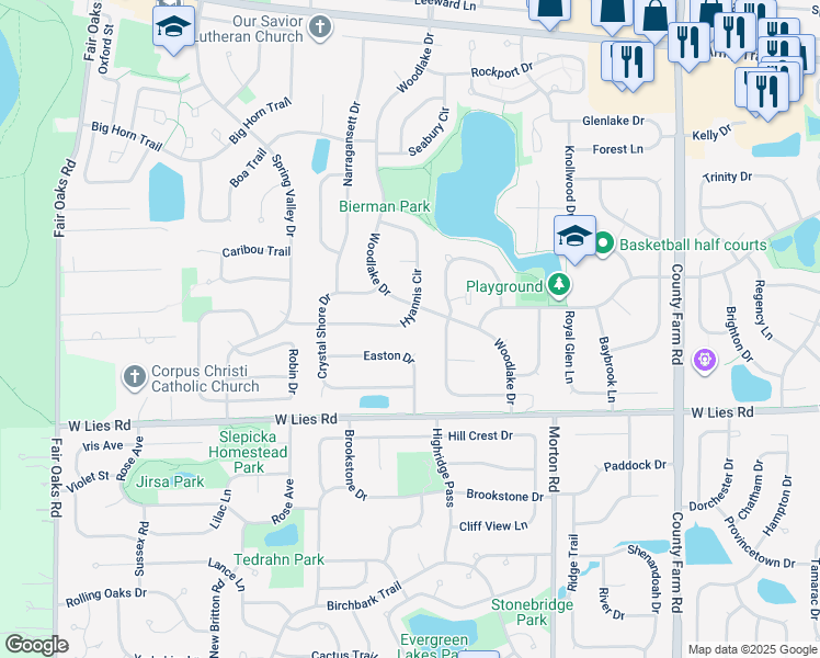 map of restaurants, bars, coffee shops, grocery stores, and more near 1150 Hyannis Circle in Carol Stream