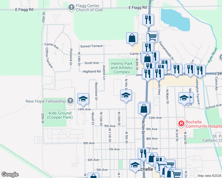 map of restaurants, bars, coffee shops, grocery stores, and more near 1246 Tilton Park Drive in Rochelle