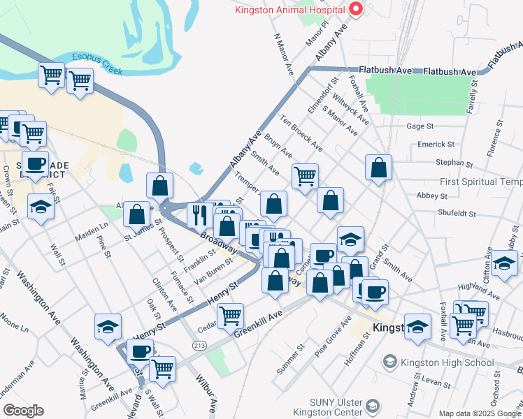 map of restaurants, bars, coffee shops, grocery stores, and more near 61 Downs Street in Kingston