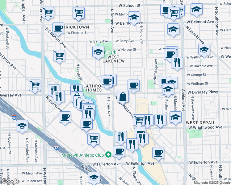 map of restaurants, bars, coffee shops, grocery stores, and more near 2801 North Damen Avenue in Chicago