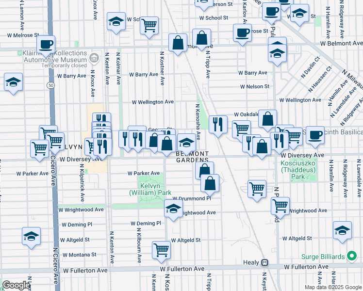 map of restaurants, bars, coffee shops, grocery stores, and more near 2825 North Lowell Avenue in Chicago