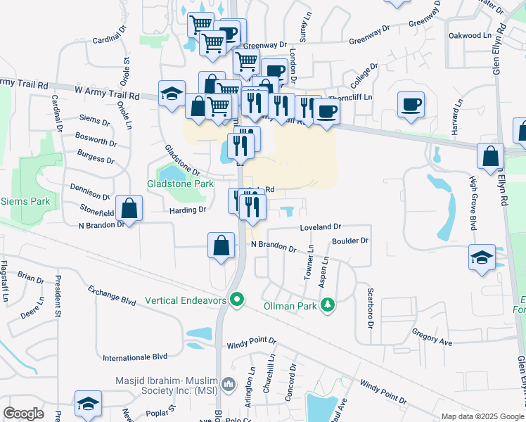 map of restaurants, bars, coffee shops, grocery stores, and more near 2014 Juniper Court in Glendale Heights