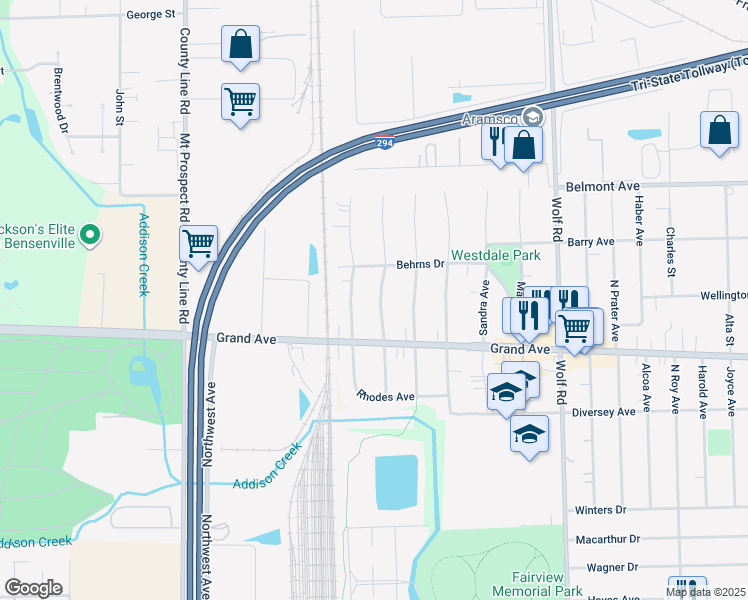map of restaurants, bars, coffee shops, grocery stores, and more near 3000 Pearl Avenue in Melrose Park