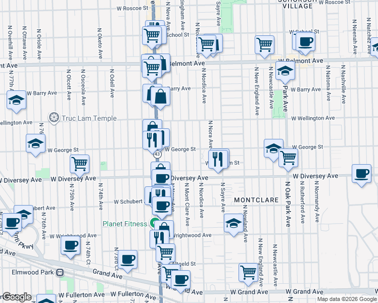 map of restaurants, bars, coffee shops, grocery stores, and more near 2857 North Mont Clare Avenue in Chicago