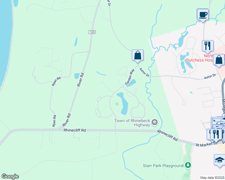 map of restaurants, bars, coffee shops, grocery stores, and more near 2 Rosewood Lane in Rhinebeck
