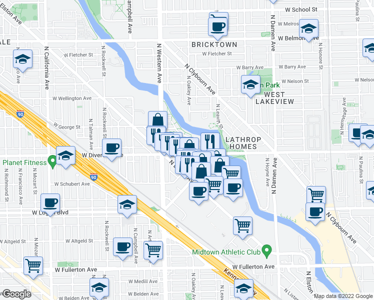 map of restaurants, bars, coffee shops, grocery stores, and more near 2804 North Oakley Avenue in Chicago