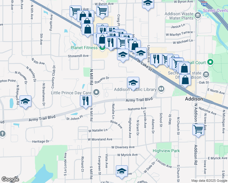 map of restaurants, bars, coffee shops, grocery stores, and more near 19W063 Oak Street in Addison