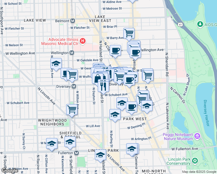 map of restaurants, bars, coffee shops, grocery stores, and more near 735 West Diversey Parkway in Chicago