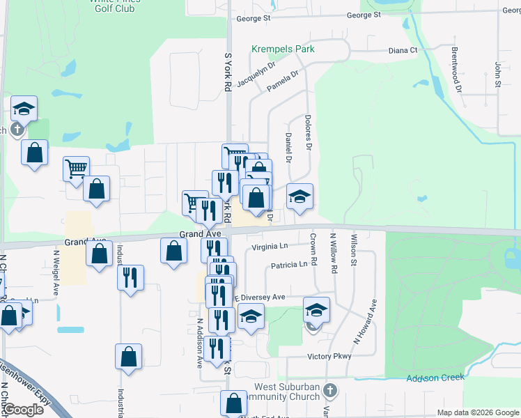 map of restaurants, bars, coffee shops, grocery stores, and more near 1127 South York Road in Bensenville