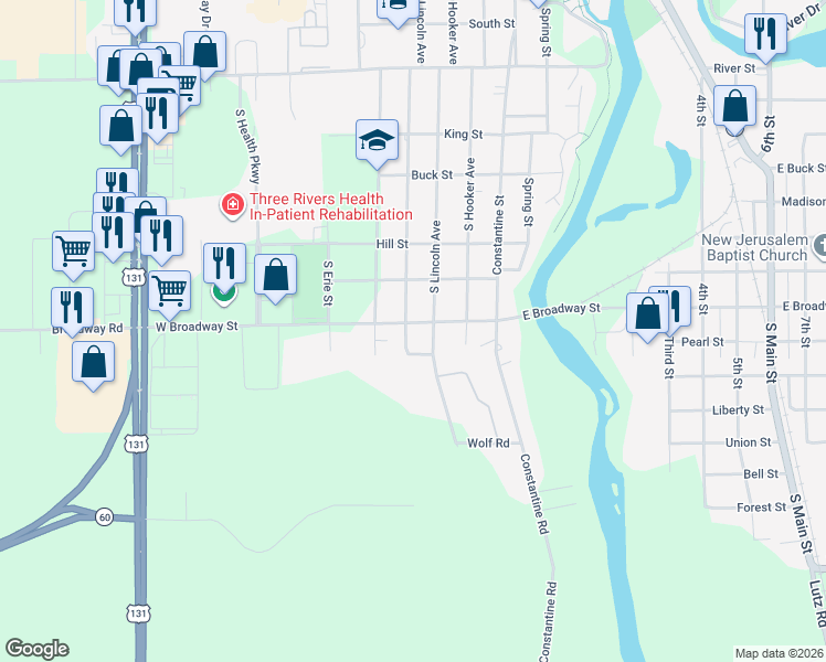 map of restaurants, bars, coffee shops, grocery stores, and more near 612 West Broadway Street in Three Rivers