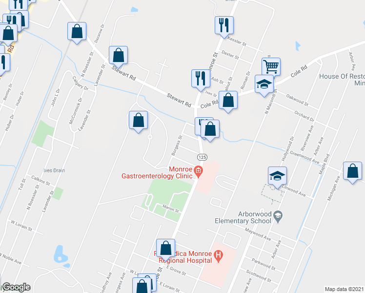 map of restaurants, bars, coffee shops, grocery stores, and more near 124 Stanford Drive in Monroe