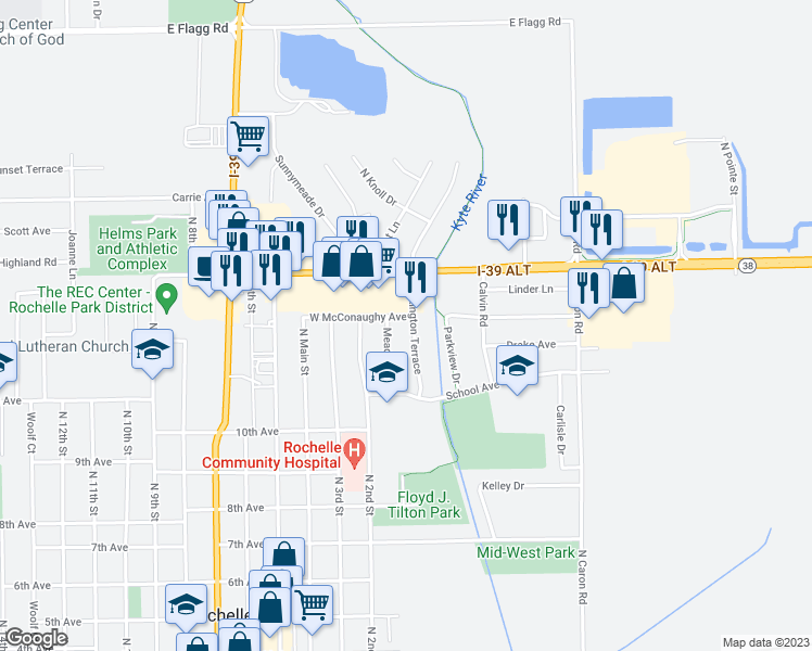 map of restaurants, bars, coffee shops, grocery stores, and more near 1090 Turkington Terrace in Rochelle